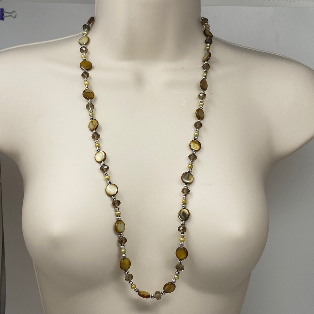 Handmade Beaded Long Necklace Taupe Brown Glass and Shell Beads with Pearls